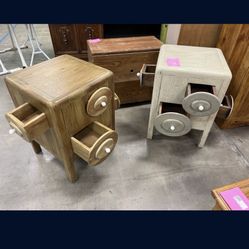 Set of 2 unique vintage cube side tables / nightstands with super cool round “spool” style drawer faces. One is natural wood, one is distressed white 