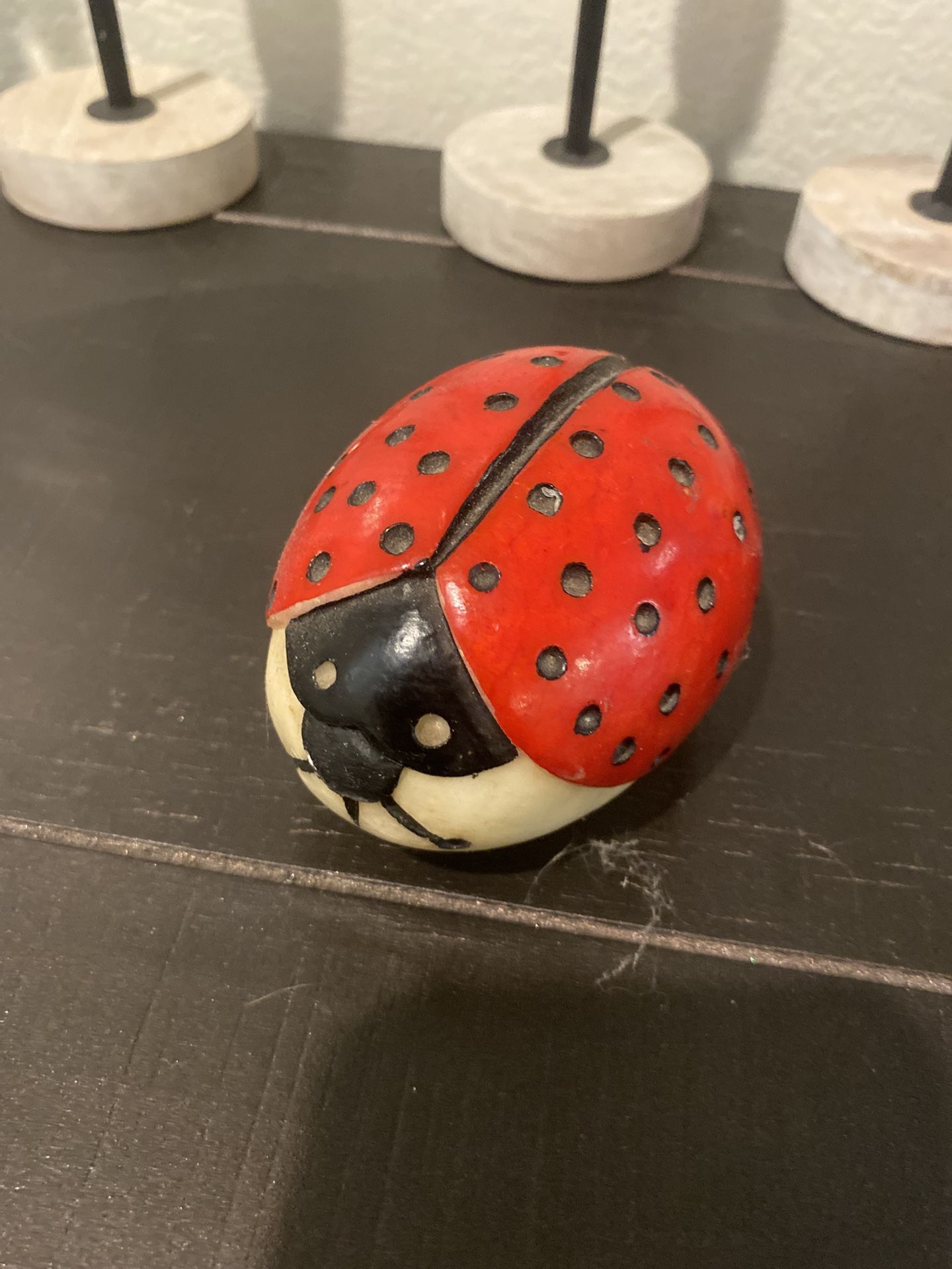 Italian Alabaster Red Black Inlaid Insect Ladybug Stone Marble Paperweight