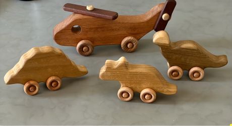 Handmade Wooden Toy Set - Helicopter & 3 Dinosaurs - Natural Wood