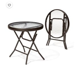 Foldable Patio Side Table with Tempered Glass Top