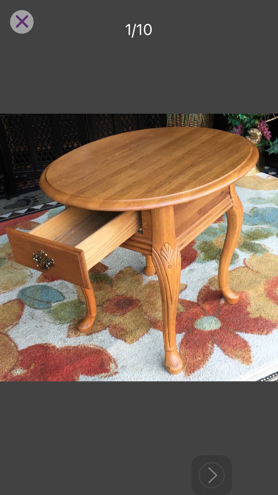 Oval Oak Chippendale Table with Drawer - 27L x 23W x 24H - End table - Side table