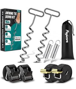 Heavy Duty RV Awning Tie Down Anchor Kit for Camper Trailer Wind Protection Resists 65 MPH Winds, Heavy Ground Anchors, Shock Absorbing Springs, No To