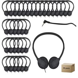 30 Pack Class Set Headphones for Kids Students School Classroom Bulk Earphones Adjustable with 3.5 mm Jack (Black)