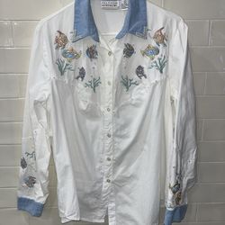Vintage Allyson Whitmore Embroidered Fish Shirt Sequins Beads Sz Large Coastal