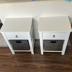 Pair White Bed Night Stands with drawer/baskets good condition