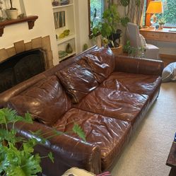 Restoration Hardware Leather Three-Seat Cushion Sofa