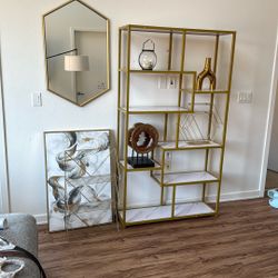 Modern Gold Bookshelf + Matching Decor (Marble Shelves + Mirror Optional)