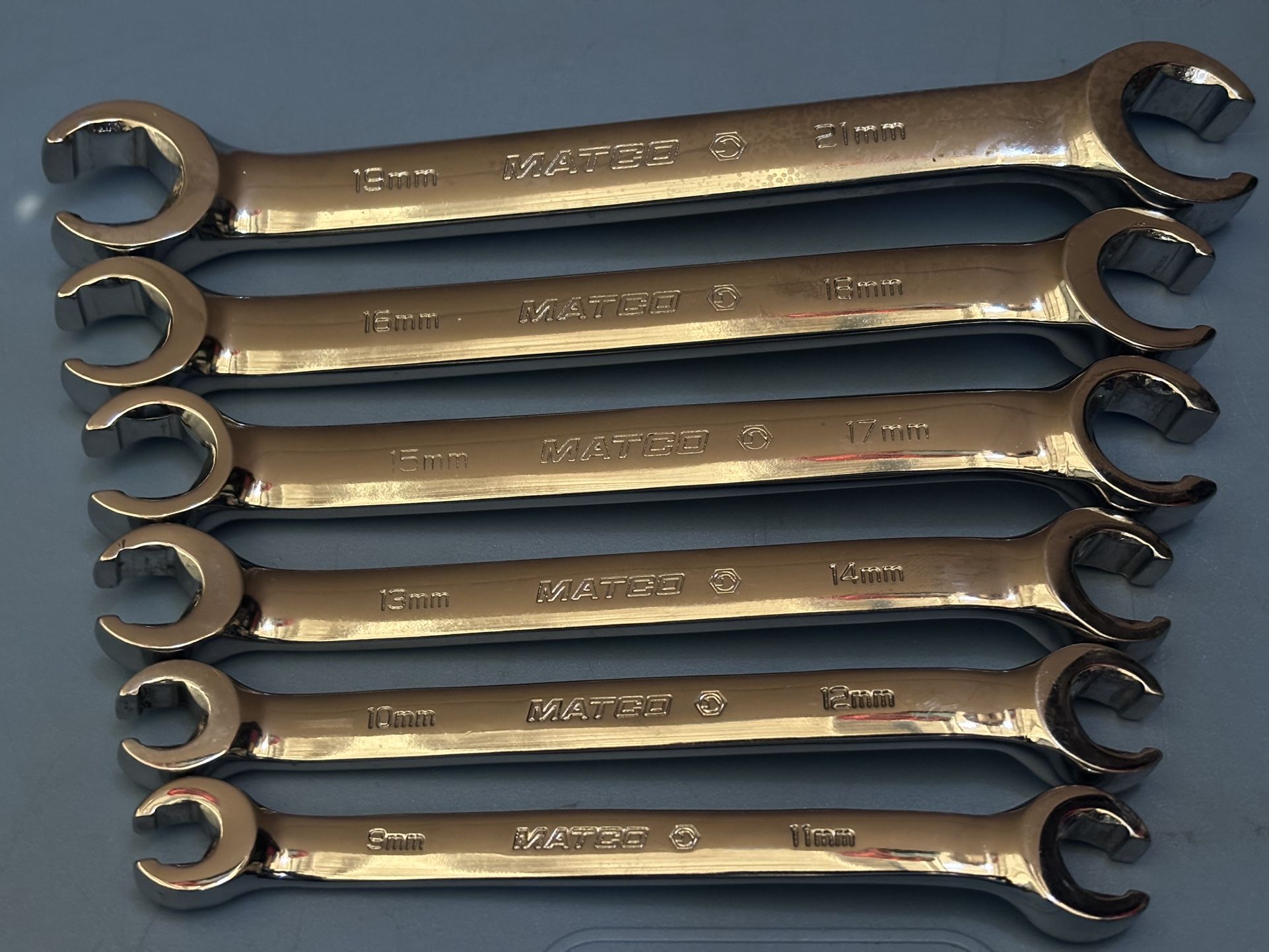 Matco Tools 6 PIECE FLARENUT WRENCH SET Includes sizes: 9mm x 10mm, 11mm x 12mm, 13mm x 14mm, 15mm x 17mm, 16mm x 18mm and 19mm x 21mm