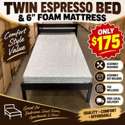 Twin espresso bed with 1 twin 6” thick foam mattress. Assembly required. Assembly not included. Tax included. Free local delivery. $175.00