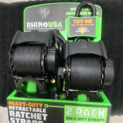 NEW "RHINO USA" RETRACTABLE RATCHET HEAVY DUTY 2 INCH × 10 FOOT WITH PLASTIC COVERED CLIPS FOR NO SCRATCHING TIE DOWN STRAPS, PRICED RIGHT!!!