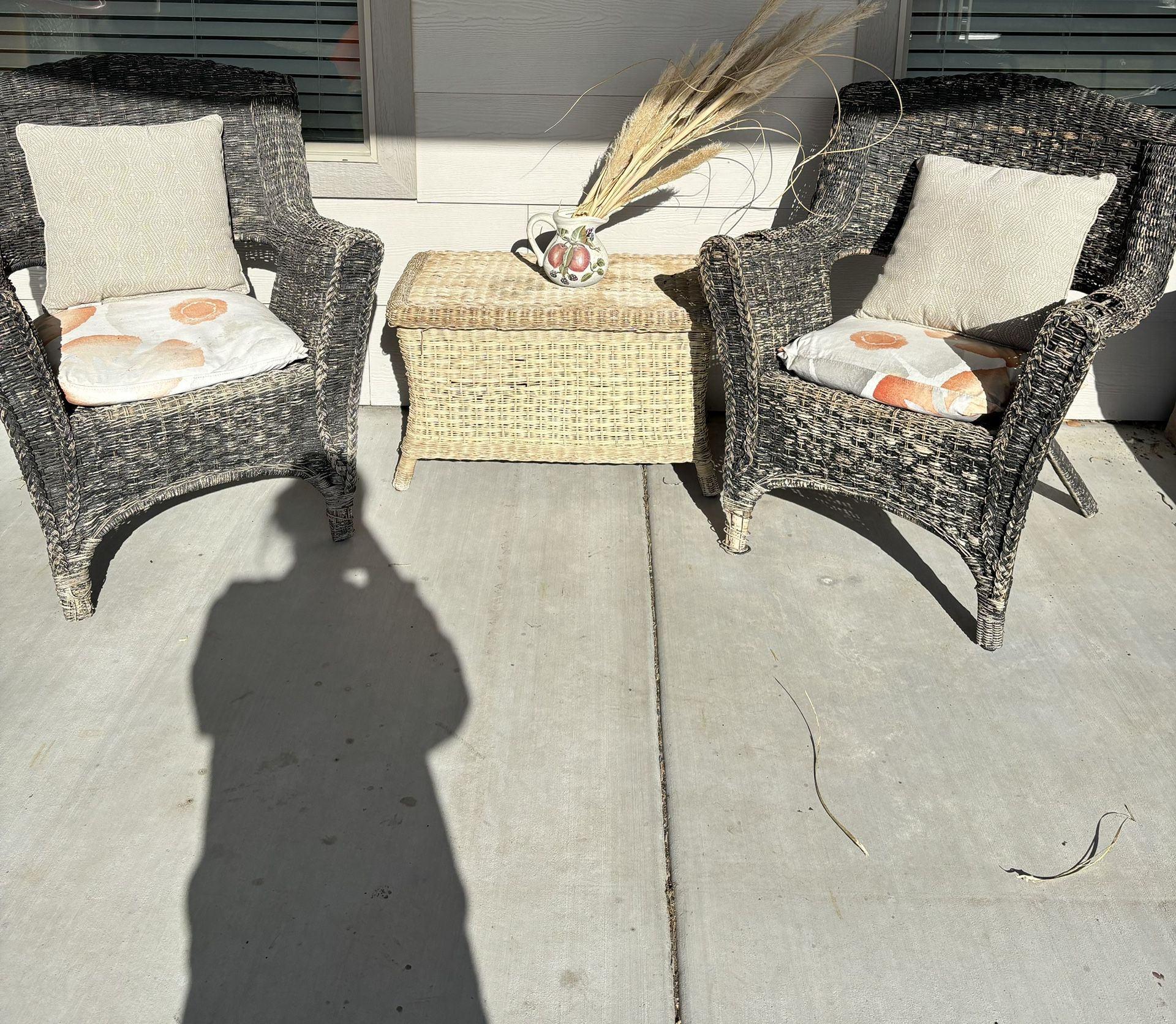 Patio Table And Two Chairs With Pillows ( Not Selling Vase With Pampas ) 