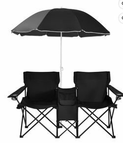 Portable Folding Picnic Double Chair W/Umbrella Table Cooler Beach Camping Black