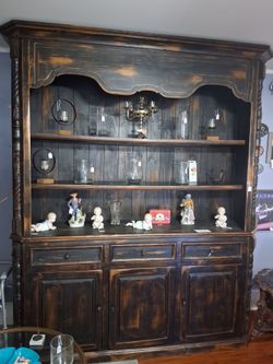 Large Distressed Black Wood China Hutch Cabinet