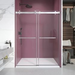 Brand New Chrome 62-66in X 76in Frameless 3/8in Glass Sliding Door 