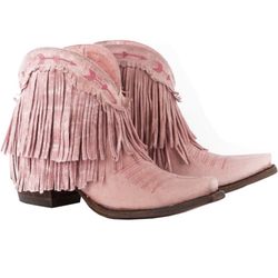 Pink Junk Gypsy Spitfire Snip Toe Fringe Boots Blush Pink Leather Women's