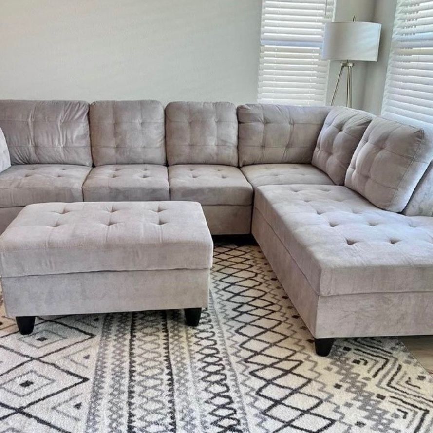 COSTCO Grey Chenille Sectional Couch And Ottoman 