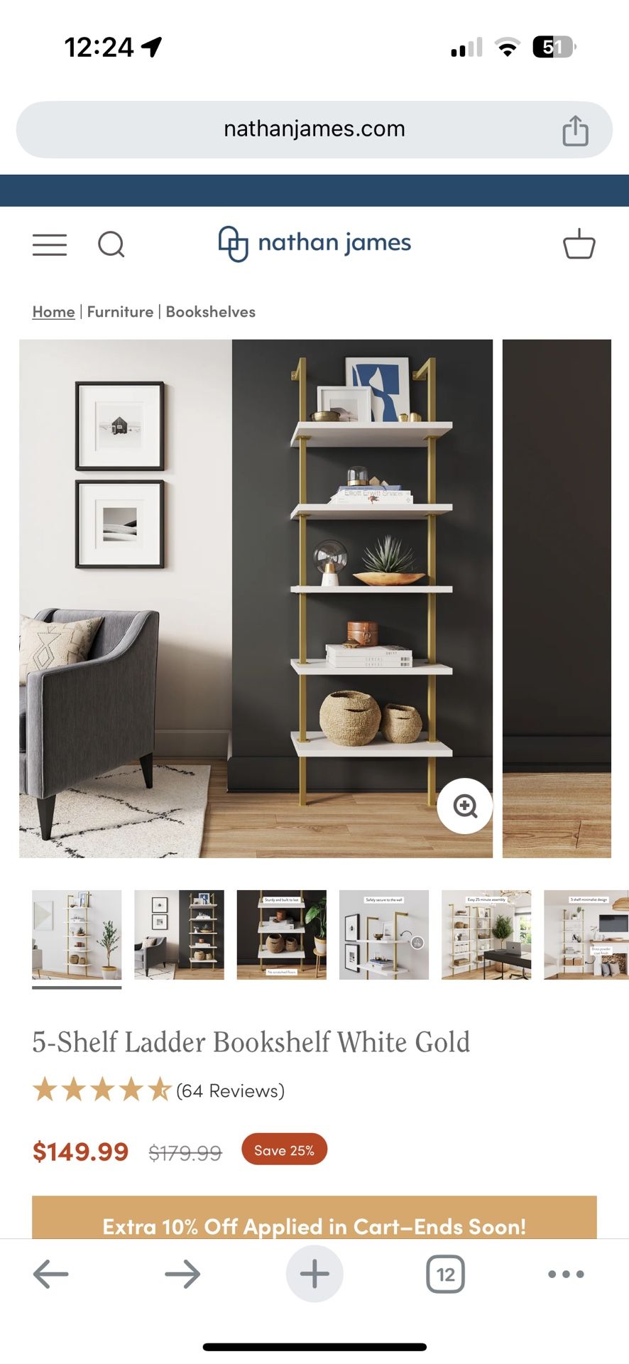 Nathan James Theo Bookshelf 5-Shelf Ladder Bookshelf White Gold