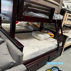 Cherry Solid Wood Twin Full Bunk Bed Trundle Complete Set