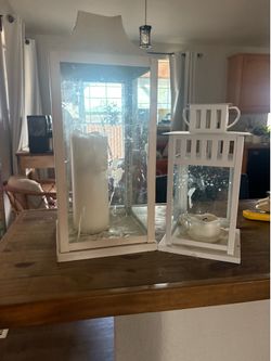 White Farmhouse Lantern Candle Holders – Set of 2