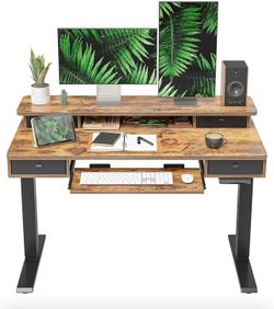 FEZIBO Height Adjustable Electric Standing Desk with 4 Drawers and Keyboard Tray, 48 x 24 Inch Table with Storage Shelf, Sit Stand Desk with Splice Bo