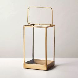 Large 20" Square Metal & Glass Pillar Candle Lantern Brass - Hearth & Hand™ with Magnolia