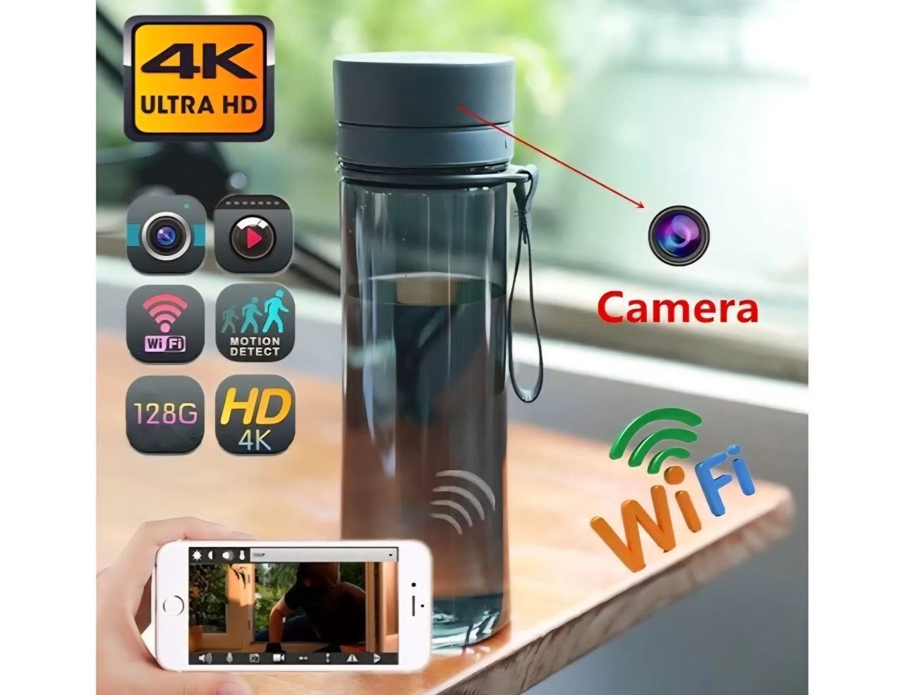 Mini Wifi Camera,Latest Full HD Cup Hidden. Handgrip Disguised Water Bottle Spy Camera,for Indoor/Outdoor