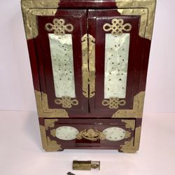 Vintage Rosewood Chinese Jewelry Box with Brass and Jade Inlay 5 Drawer 12x8x6”
