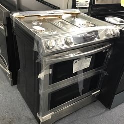 New Scratch And Dent Samsung 5 Burner Gas Stainless Steel Slide In Double Oven Range. 1 Year Warranty 