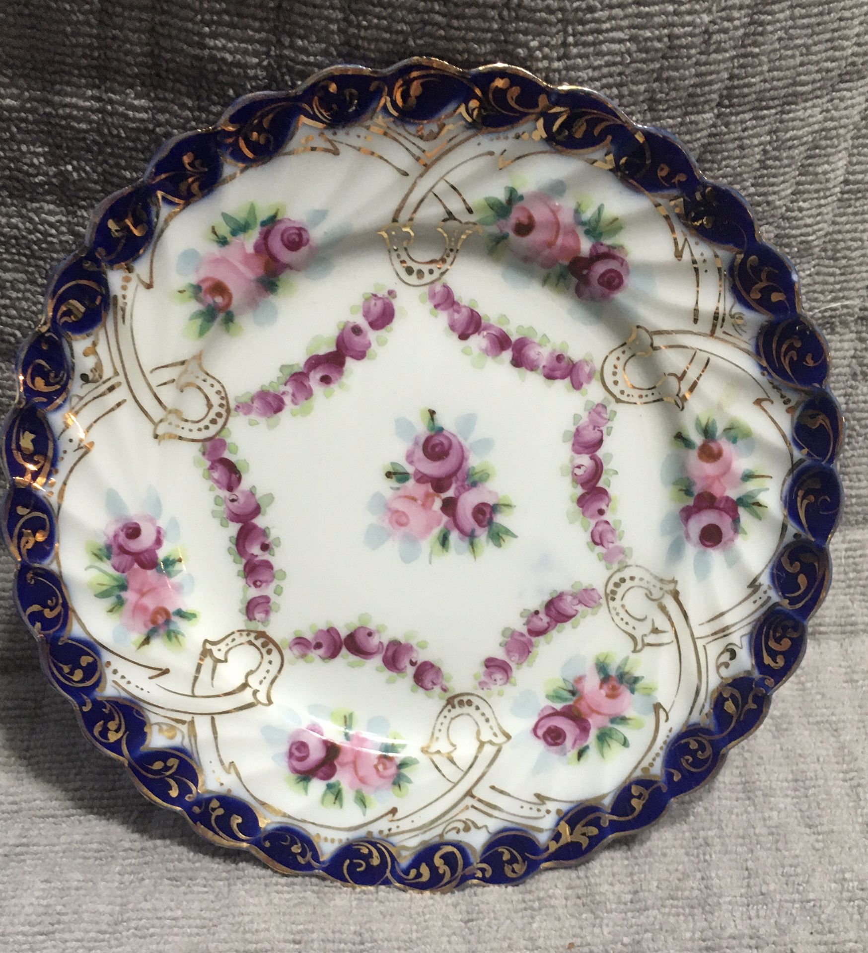 Hand Painted Porcelain Saucer Pink Floral with Blue Rim and Gold Trim