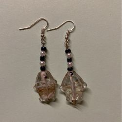 Earrings, Fish Clear Glass, Black Beads, 2.5”