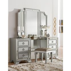 Brand New Silver Modern Vanity Desk + Mirror