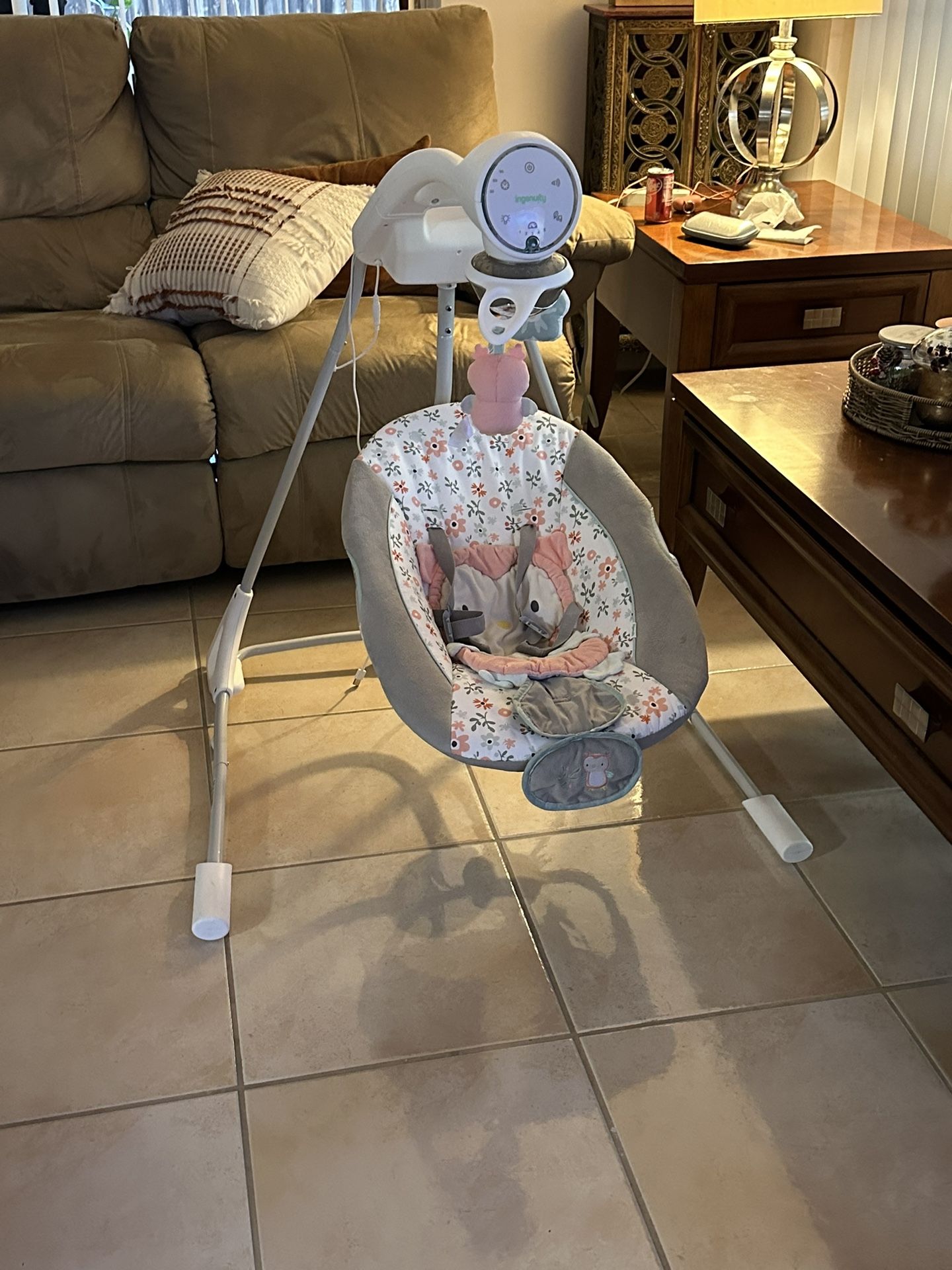 Ingenuity InLighten 5-Speed Baby Swing - Swivel Infant Seat, 5 Point Safety Harness, Nature Sounds, Lights - Nally Owl