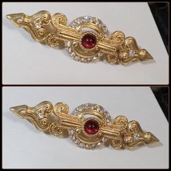 VINTAGE ORNATE MID CENTURY ART DECO GOLD RUBY RED CRYSTAL RHINESTONE GEMSTONE CZ BROOCH PIN COSTUME JEWELRY