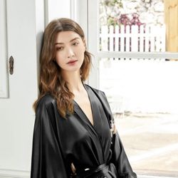BABEYOND Long Floral Satin Kimono Robe 