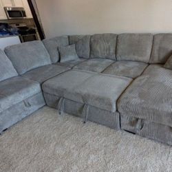 ✅️✅️4 pc Grey  corduroy fabric sectional sofa with storage chaise and love seat and pop up sleep area in center USB charging✅️✅️