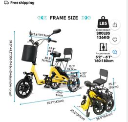 Foldable Electric Tricycle for Adults, 350W Motor, 35-Mile Range, 480Wh Removable Battery, 2 Seats, Large Basket, Dual Disc Brakes - Yellow