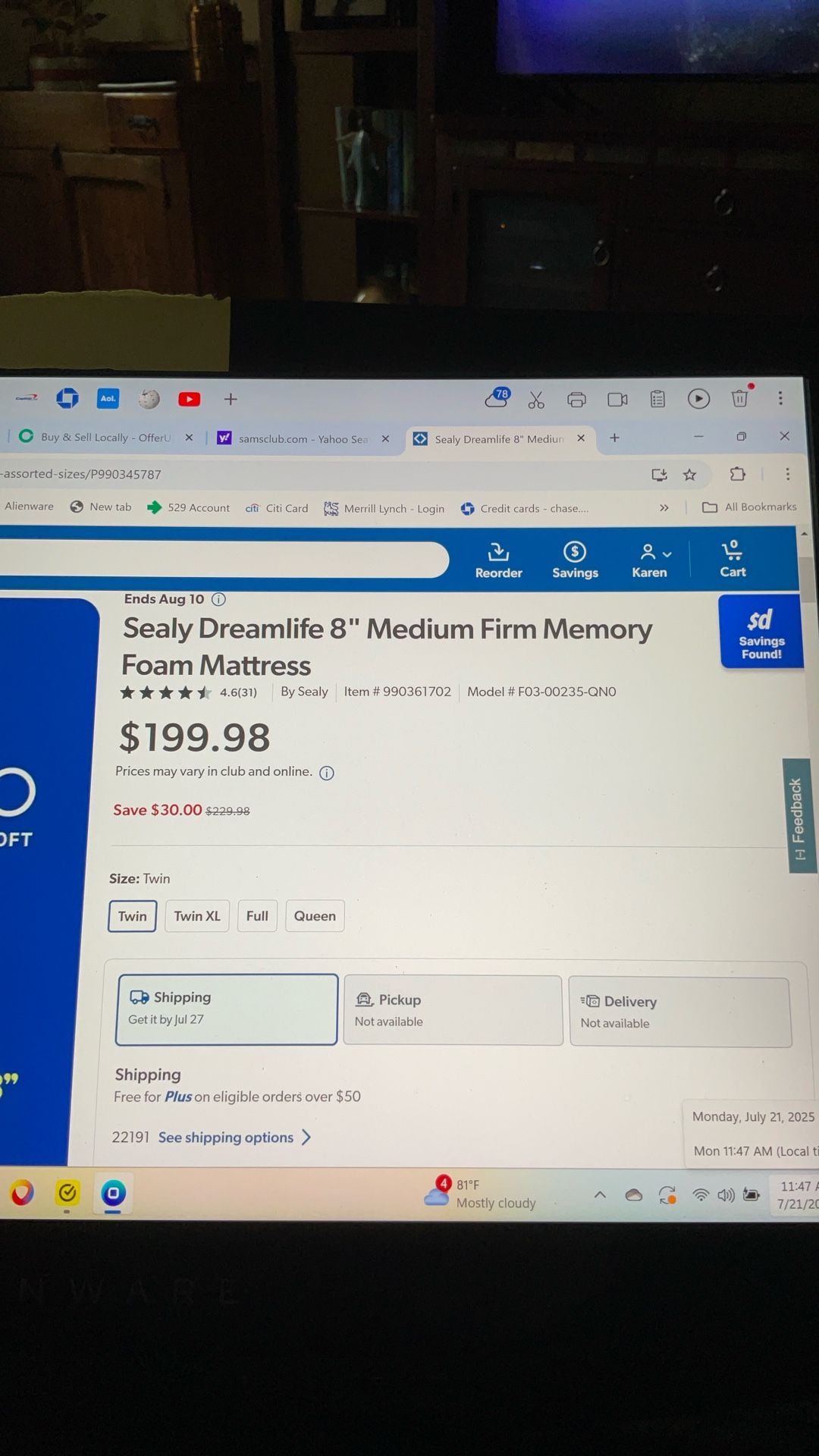 Full/double Size  Sealy 8 Inch Memory foam mattress