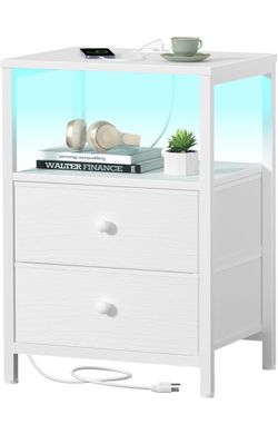 BOLUO White Nightstand with Charging Station