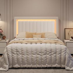 Full Size Velvet Bed Frame with LED Light, White Adjustable Vertical Channel Tufted Headboard, Strong Wooden Slats Support, Noise-Free, No Box Spring