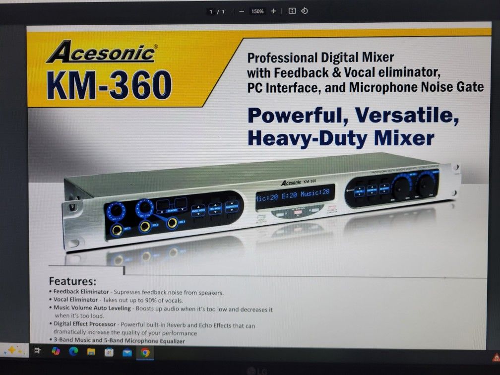 Acesonic Km-360 Professional Digital Mixer. Feedback eliminator, vocal eliminator, digital effect Processor, 5 band eq, 5 microphone inputs.