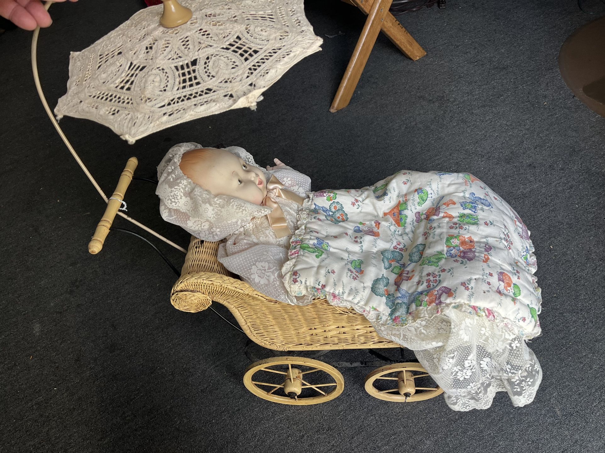 Antique, baby, doll and carriage with parasol…