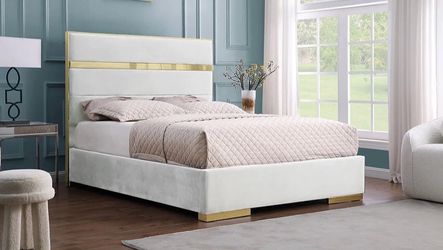 White Velvet Upholstered Bed Frame with Gold Accents
