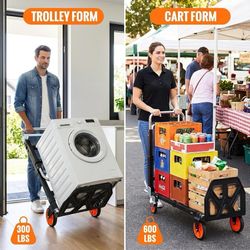 C94 $50  3-in-1 Convertible Hand Truck, 600 lb, 4 Silent Wheels, Black Foldable Silent Hand Truck Switches between Upright And Platform Modes; Moving,