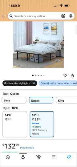 Queen Size 18” High Metal Bed Frame – $65