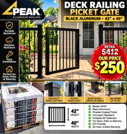 🔥 PEAK 42” x 40” Black Aluminum Deck Railing Picket Gate – NEW – $250 🔥 Perfect for creating a clean, modern, and durable railing system around your