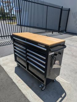 Husky 46 in. W x 18 in. D 9-Drawer Mobile Workbench Cabinet in Gloss Black. SOLD AS IS