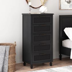 Noble House Thurber Acacia Wood and Cane 5 Drawer Dresser, Dark Gray Gray - Full