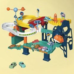 MOVSSOU Dinosaur Race Track Toy Race Car Track Set with 4 Cars Light Sound Car Playset Gift Kids Age 3+