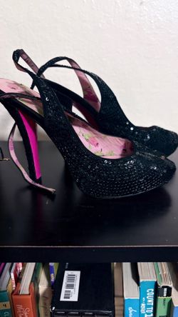 Betsey Johnson Black Sequin Platform Slingback Heels