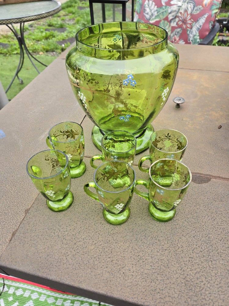 Vintage Green Bohemian Styled Glass Pitcher And 6 Cups